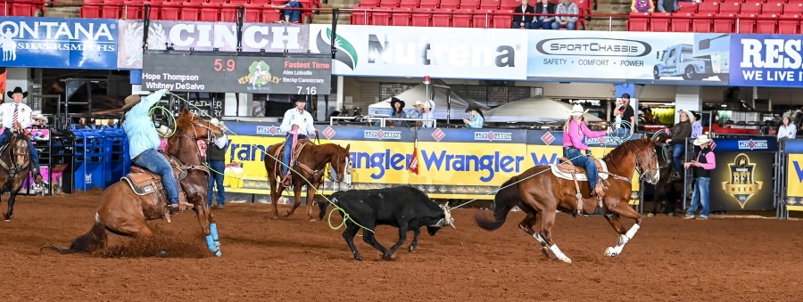 Hope Thompson and Whitney DeSalvo roped four steers in 30.78 seconds to daylight the field by almost eight seconds and take the $20,000 win at the 2022 BFI Charlie 1 Horse All-Girl Team Roping