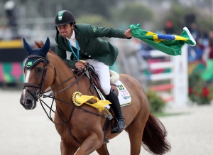 Gold medalist Marlon Modolo of Brazil celebrates after equestrian Jumping Individual at Army Equestrian School on Day 14 of Lima 2019 Pan American Games on August 9, 2019 in Lima, Peru.