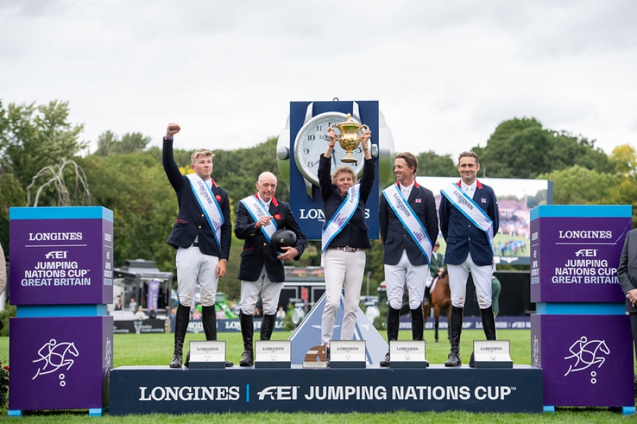 Great Britain team (L-R) Harry Charles, John Whitaker, Di Lampard (Chef d&#039;Equipe), Ben Maher and Tim Gredley, winners of the LONGINES FEI Jumping Nations Cupâ¢ of Great Britain - Longines Royal International Horse Show - Hickstead, West Sussex, United Kingdom - 28 July 2023
