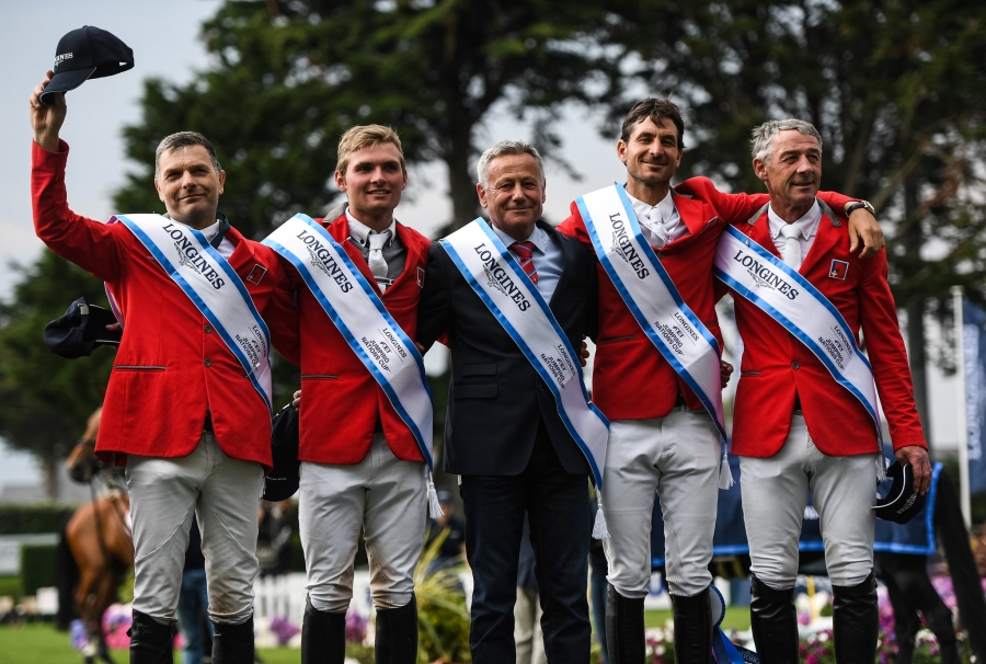 Longines FEI Jumping Nations Cup™ of France 2019 La Baule. Winning Swiss team: Niklaus Rutschi, Bryan Balsiger, Chef d&#039;Equipe Andy Kistler, Steve Guerdat and Paul Estermann.