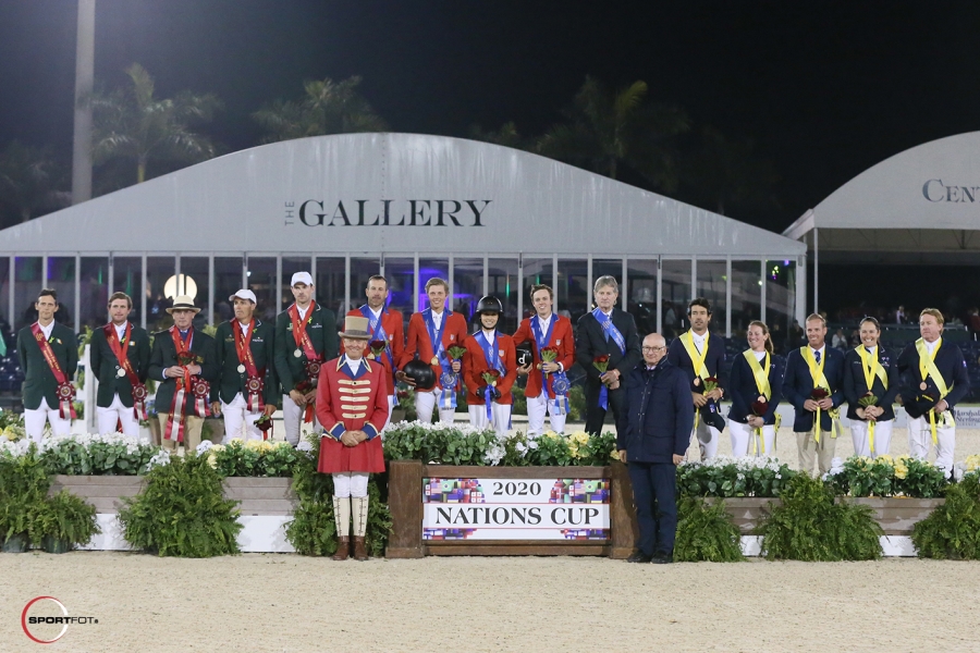 The top three teams, including second-place Ireland, winners from the United States, and third-place Australia with with Equestrian Sport Productions President Michael Stone and ringmaster Steve Rector.